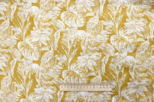 Вуаль-лен принт/листья белые на желтом 4038-1-PY/D#1/C#1