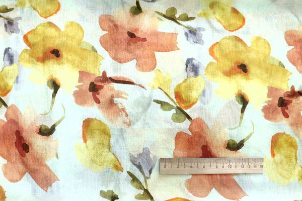 Вуаль принт/цветы желто-оранжевые на светло-зеленом 4080-PY/D#23/C#1